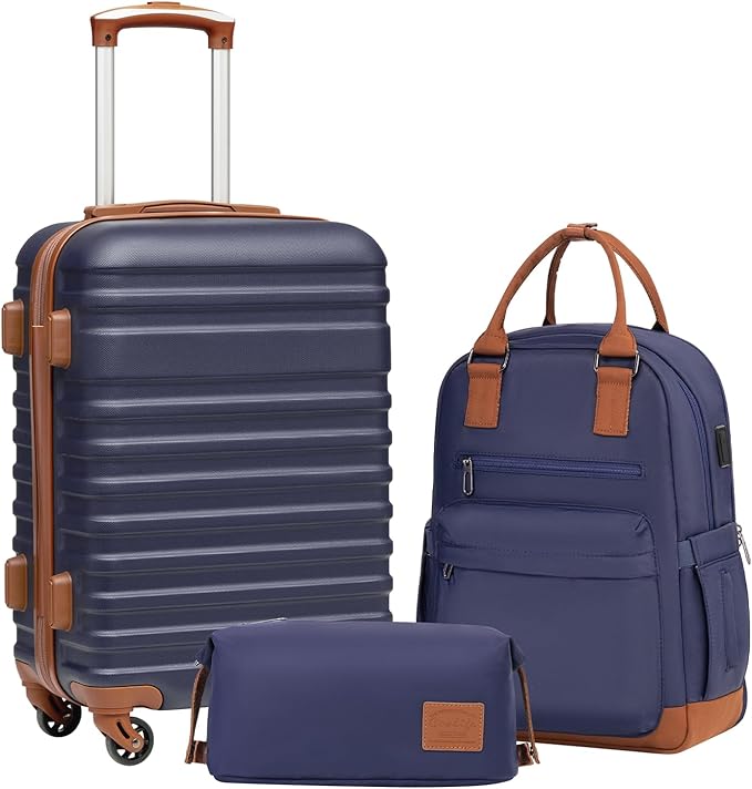 Coolife Luggage Sets Suitcase Set 3 Piece Luggage Set Carry On Hardside Luggage with TSA Lock Spinner Wheels (Navy, 3 piece set (BP/TB/20))