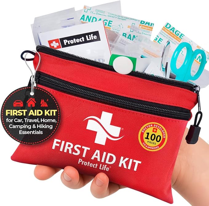 Protect Life First Aid Kit, Travel First Aid Kit for Car, 100 Piece Compact Emergency Preparedness Starter Kit for Home, Office, Camping, Hiking
