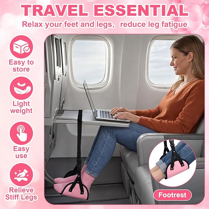 BreezeHug 4 Pcs Travel Comfort Kit with Memory Foam Travel Pillow Airplane Footrest Hammock 3D Contoured Eye Mask Compression Socks Neck Pillow for Car Flight Sleeping Support(Pink)