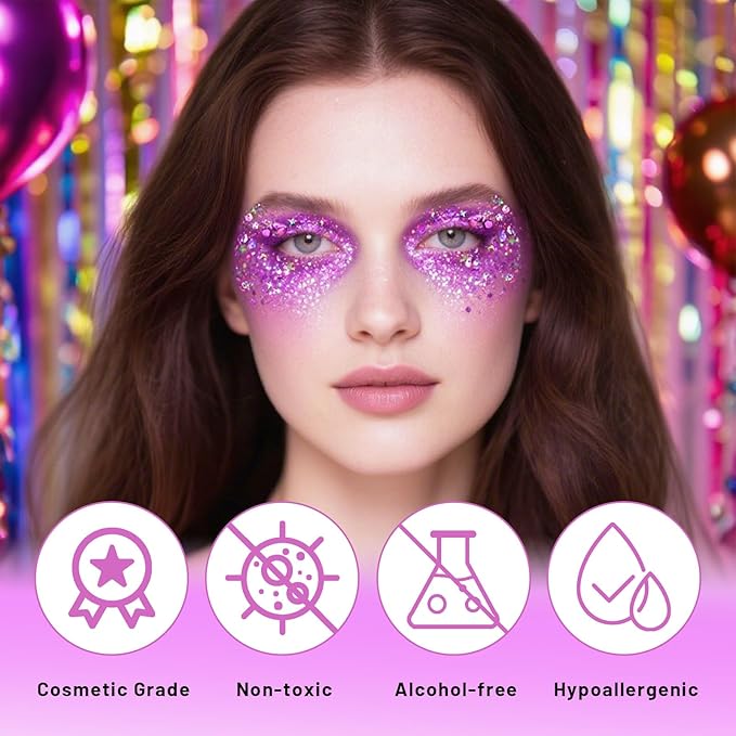DAGEDA Purple Body Glitter Gel, Holographic Face Glitter Body Gel Rave Party Accessories, Chunky Glitters for Face Hair Nails, Cosmetic Laser Powder Festival Sequins Paint Makeup