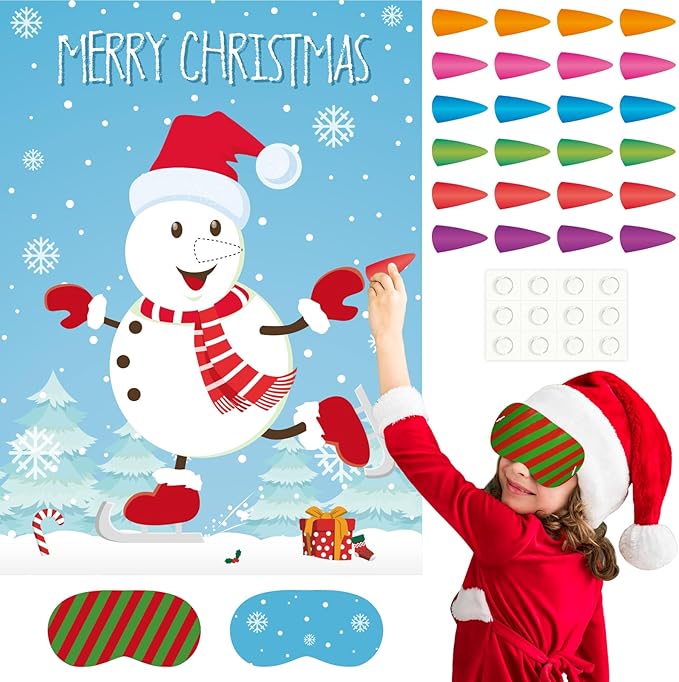 ASTARON Pin The Snowman Nose Christmas Pin The Tail Party Games Activities for Kids 36 Stickers Christmas Party Decorations School Classroom Activities