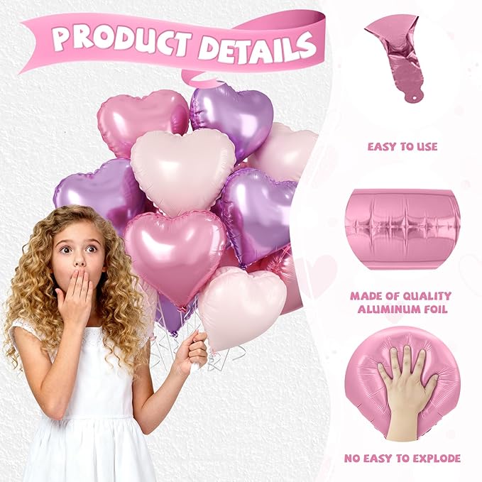 Pink Purple Heart Balloons, 10 Pcs Light Pink and Purple Heart Shaped Balloon, 18 Inch Pastel Foil Balloons for Girls Women Butterfly Brithday Bridal Baby Shower Wedding Valentines Party Decoration