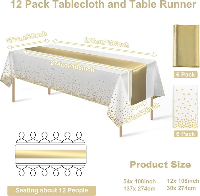 12Pack Disposable Plastic Tablecloths and Satin Table Runner Set White and Gold Dot Tablecloth Gold Satin Table Runner for Wedding Birthday Baby Shower Anniversary Christmas New Year Party Supplies