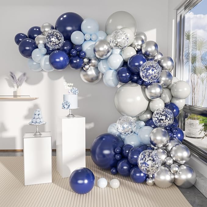140 Pack Silver Navy Gray Macaron Blue Balloons Garland Arch Kit for Graduation Birthday Party Baby Shower Party Decoration