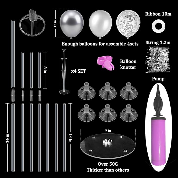 Silver Balloon Stand Centerpiece Table Decorations for 25th Wedding Anniversary Birthday Bridal Shower Father's Day Mother's Day Platinum Party Decorations(Silver gray set4)
