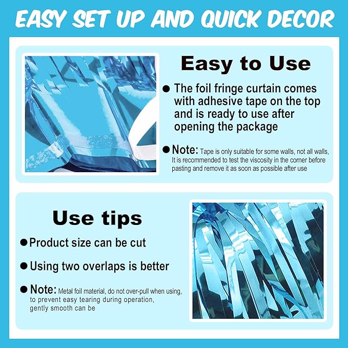 6 Pack Light Blue Foil Fringe Curtains Backdrop, 3.28 x 9.8 Ft Metallic Streamers Tinsel Curtains Background for Photo Booth, Birthday, Halloween, Christmas, Thanksgiving, New Year Party Decorations