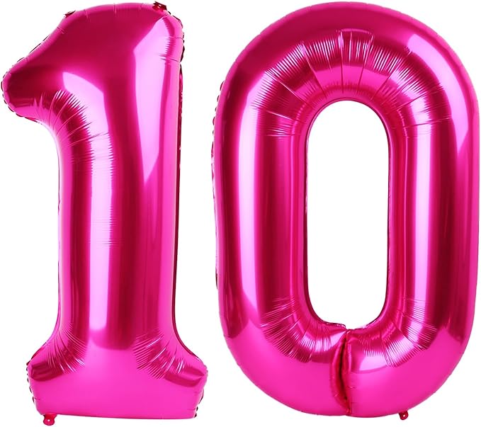 Hot Pink Number 10 Balloons 40 inch, 10 Number Balloons, 10th Birthday Decorations for Girls 10 Year Old Hot Pink Party Supplies