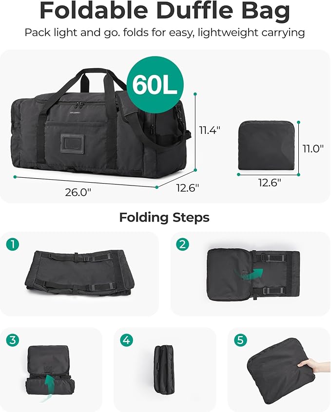 BAGSAMRT 60L Foldable Duffle Bag for Travel, Large Travel Duffel Bag for Men, 4 in 1 Travel Backpack, Carry on Weekender Bag, Gray