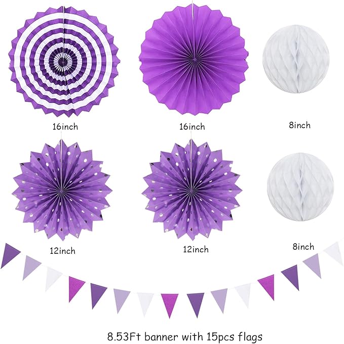 Lavender-Purple White Graduation Party Decorations - 20pcs Paper Lanterns Fans,Tissue Pom Poms,Honeycomb Balls,Birthday Wedding Bridal Baby Shower Engagement Bachelorette Decor Burgleda