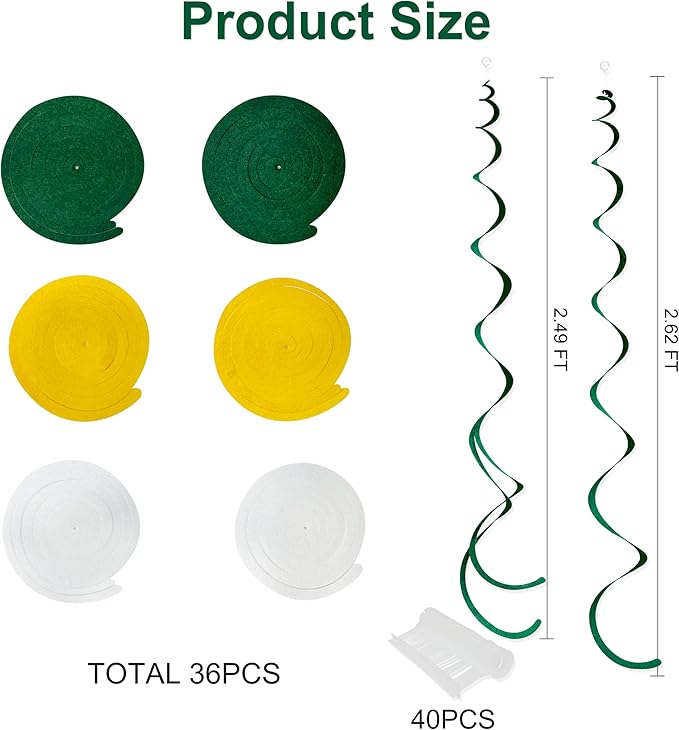 36 Pcs Green Yellow White Hanging Swirl Decorations Felt Swirl Streamer Spiral Ceiling Garland Banner for Graduation Birthday Wedding Retirement Baby Shower Spring Summer Garden Party Decor Supplies