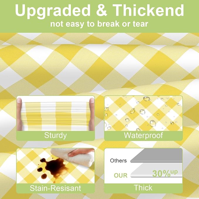QIKSION Yellow Gingham Tablecloth Disposable 12 Pack, 54 x 108 Inch Yellow and White Checkered Table Cloth for Easter Decorations, Birthday Party Supplies, Rectangle, Plastic Table Cover