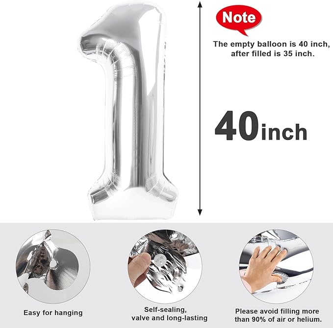 Number Balloons 1, 40 Inch One Balloons for 1st Birthday Girl Boy 1 11 21 Party Decorations Baby Shower Photo Shoot, Silver 1 Balloon