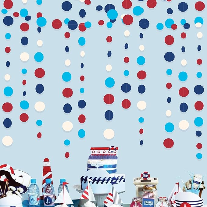 Nautical Party Decorations Circle Dot Garland Navy Blue Red White Hanging Paper Polka Dot Streamer for Nautical Pirate Ahoy Achor Baby Shower Birthday Wedding Bridal Shower Bachelorette Party Supplies