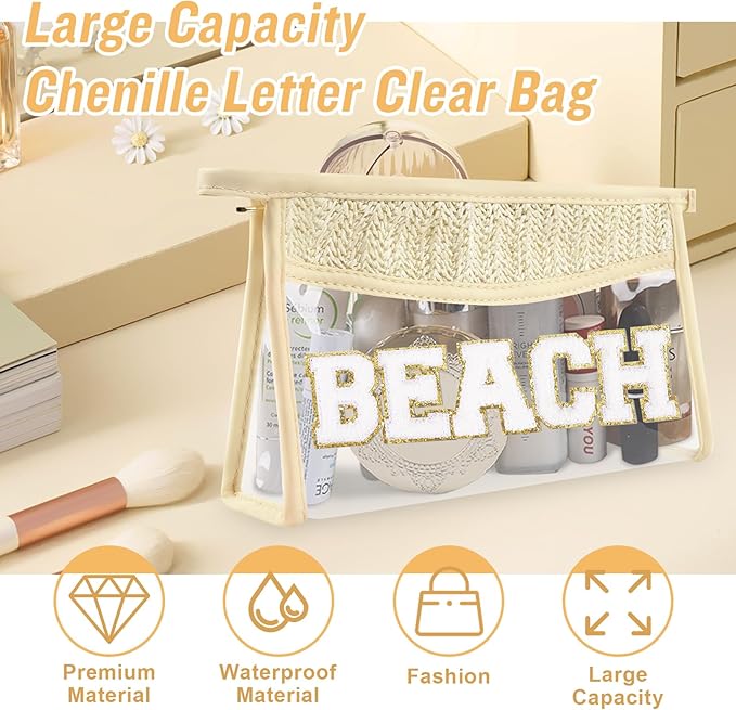 Iqimott Boho Patch Stuff Bag Clear Makeup Letter Bag, Waterproof Zipper Make up Bag Toiletry Pouch, Beach-Beige