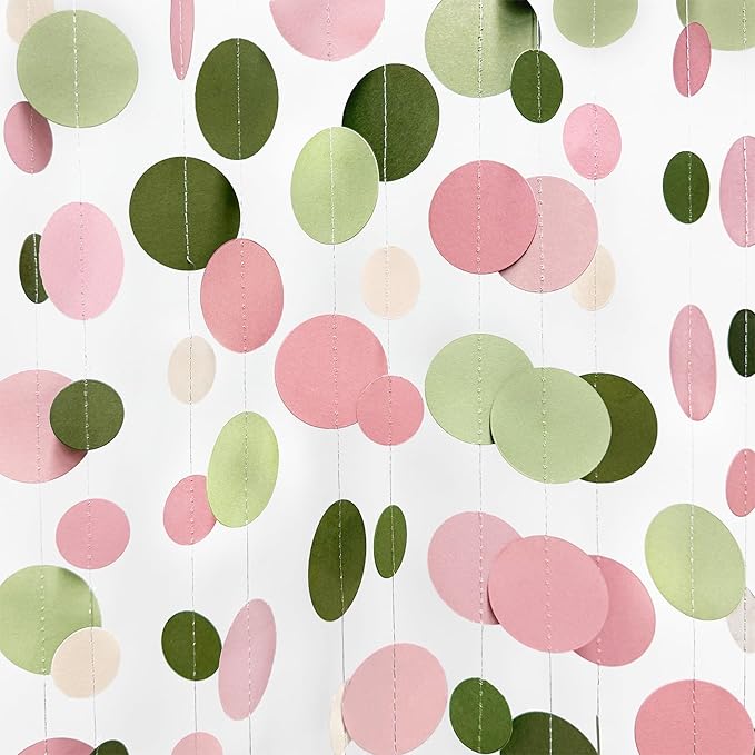 Sage Green and Dusty Pink Polka Dots Garlands Olive Green Dusty Rose Beige Hanging Paper Circle Dots Streamer for Girls Birthday Baby Shower Wedding Engagement Bachelorette Party Decorations Supplies
