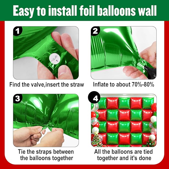 36Pcs Red and Green Square Foil Balloons Wall Backdrop, Double Sided Metallic Foil Balloons Tunnel Arch Garland Kit for Photo Booth Birthday Wedding Halloween Christmas Party Decorations