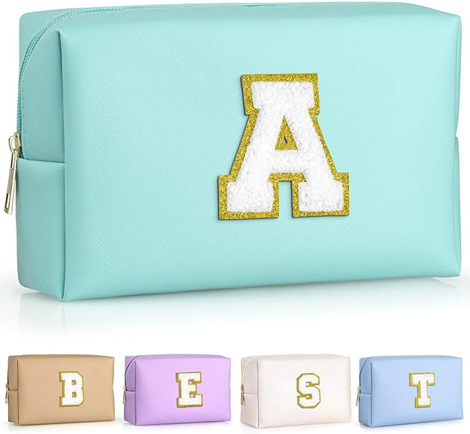 TOPEAST Preppy Makeup Bag, Personalized Initial Bags with Zipper, Cute Makeup Pouch, PU Leather Waterproof Cosmetic Bag, Birthday Gift for Daughter, Preppy Things for Girls (Blue A)