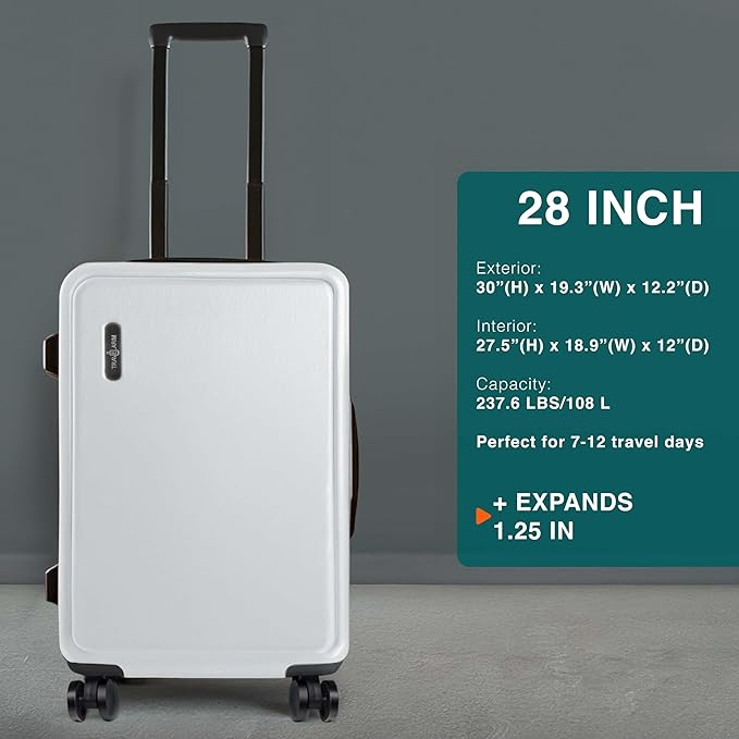 TRAVELARIM Luggage Sets 3 Piece, 20 Inch Carry on Luggage and 28 Inch Suitcases with Wheels Spinner, Durable Hard Shell Suitcase Set, Expandable Travel Suitcase, White