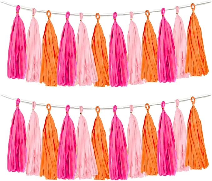 Rose red Pink and Orange Tassel Garland Banner Paper Tassels for Party Decorations,Pack of 15