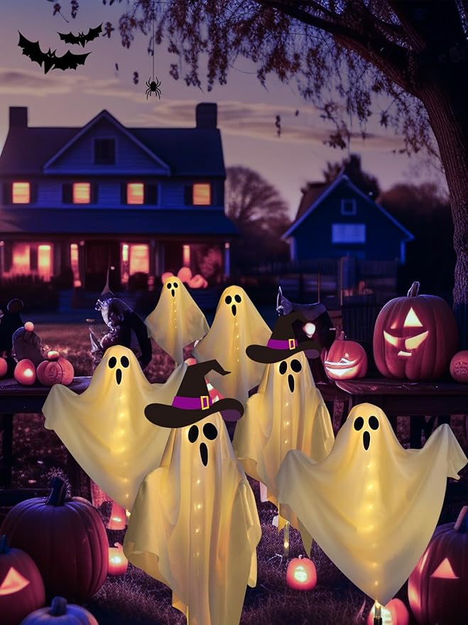 6-Pack Ghost Solar Halloween Decorations Outdoor, Waterproof Solar Halloweens Lights for Outside Decor, Halloween-Ghost Path Lights for Scary Party Yard Garden Lawn Holiday Decoration(Warm White)