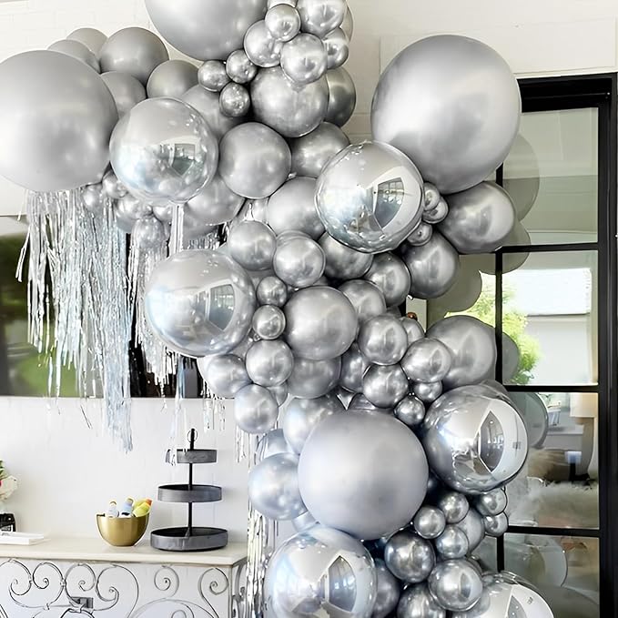 90pack Metallic Silver Balloons Different Size 18/12/10/5 Inch Chrome Silver Balloon Garland Arch Kit for Graduation, Wedding, Birthday, New Year, Baby Shower Decorations