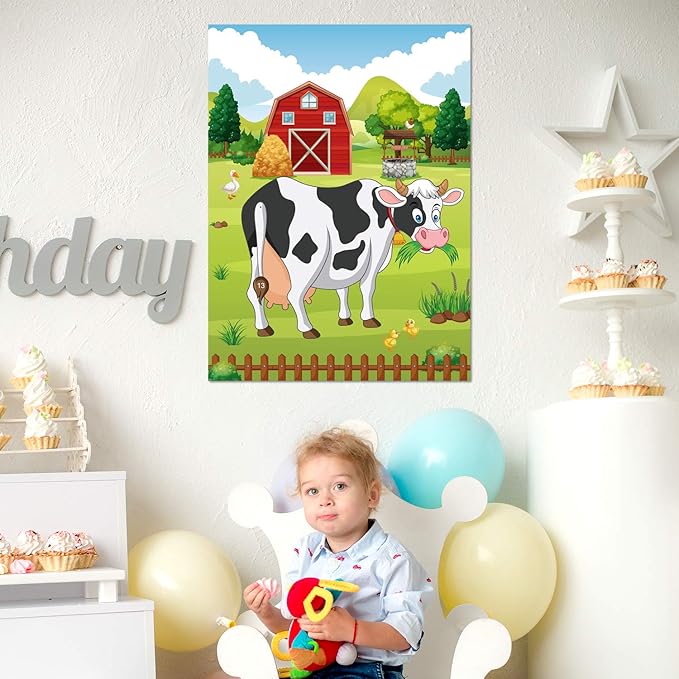 FEPITO Pin The Tail on The Cow Birthday Party Game with 24 Pcs Tails for Decorations, Kids Birthday Party Decorations