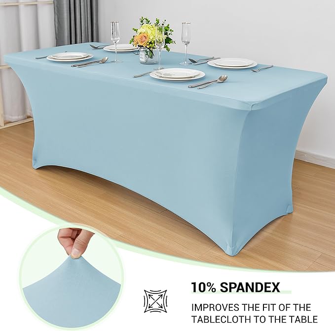 Obstal 8Ft Stretch Spandex Table Cover for Standard Folding Tables - 2 Pack Universal Rectangular Fitted Tablecloth for Party, Banquet, Events, Trade Show (Dusty Blue, 96L x 30W x 30H Inches)