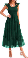 PRETTYGARDEN Women's Summer Tulle Midi Dress Sleeveless Smocked Ruffle Flowy Mesh Dresses Party Wedding Guest Sundress