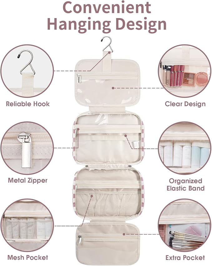 Narwey Travel Toiletry Bag for Women Large Hanging Makeup Bag Organizer Toiletries Bag for Full Size Essentials Accessories Cosmetics (Dusty Pink Checkerboard (Large))