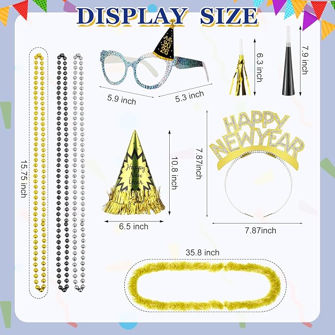 Capoda 192 Pcs New Years Eve Party Supplies 2026 Decorations Kit for 48 Guest with Happy New Year Cone Hat Tiara Headband Glasses Bead Noisemaker Horns Lei Necklace
