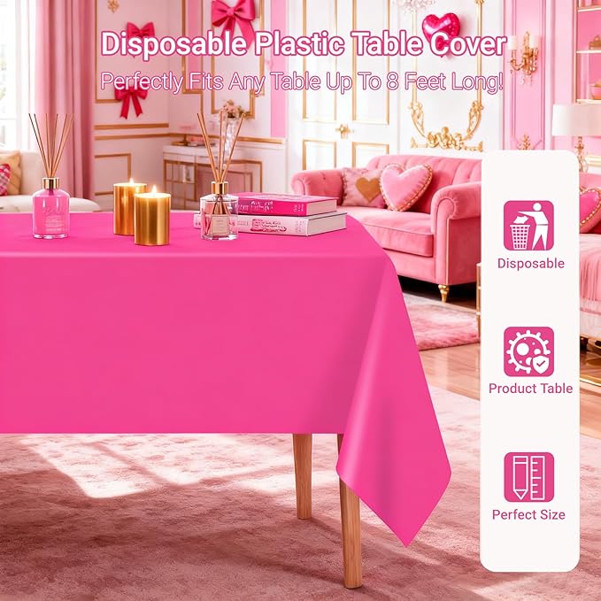 MRJ 4 Pack Hot Pink Disposable Table Cloth 54 x 108 Inch Rectangle Tablecloths for Birthday Party Decorations Plastic Table Cover