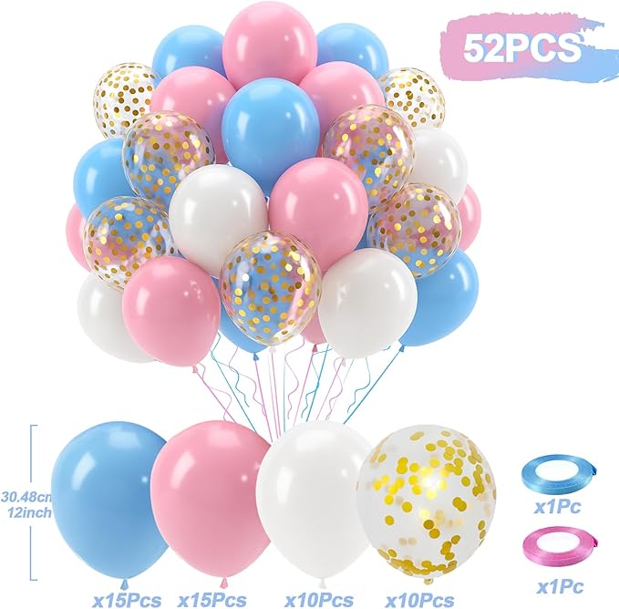 Patimate Gender Reveal Pink and Blue Balloons Set, 50 pcs 12 inch Pastel Blue Pink White Confetti Latex Balloons Kit for Gender Reveal Baby Shower Birthday Party Decorations