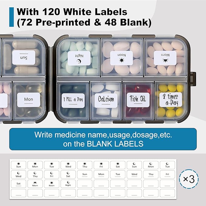 3 Pack 14 GRIDS Travel Pill Organizer Box with Labels - Travel Medicine Case Kit - Pocket Daily Pharmacy Container - Travel Medication Holder Dispenser for Fish Oil Vitamin Supplement Storage - Clear