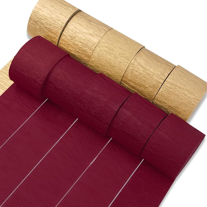 PartyWoo Gold and Burgundy Crepe Paper Streamers 10pcs 820ft Pack of Gold and Maroon Crepe Paper Streamers for Graduation Wedding Birthday Bachelorette Citizenship Strawberry Theme Party Decorations