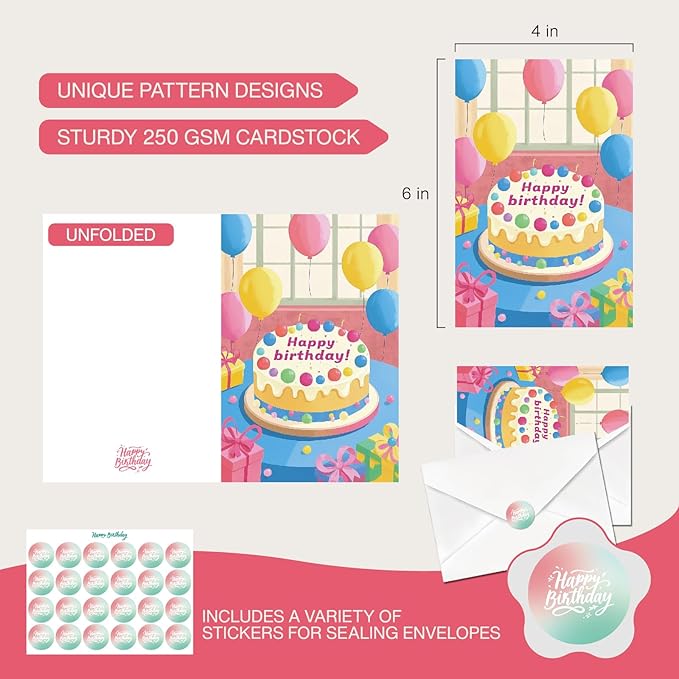 24 Pack Birthday Cards, Messages, Envelopes, and Stickers | 4x6 Inch Happy Birthday Cards Bulk for Family, Kids, Friends, Work, and Office Celebrations. (24 Pcs Cards With Cute Style)