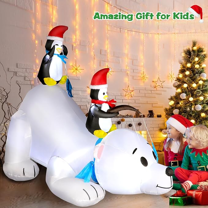 6 FT Christmas Inflatable Outdoor Decoration Polar Bear with Penguins, Xmas Blow Up Yard Decoration with Built-in LED Lights, Suitable for Christmas Party Outdoor, Yard, Garden, Lawn Holiday Decor