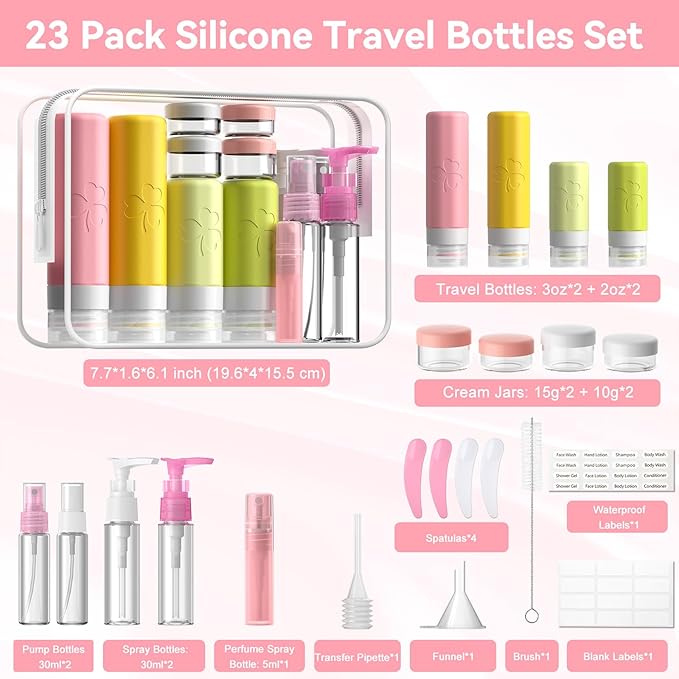 INSFIT 23 Pack Travel Bottles for Toiletries, TSA Approved Silicone Travel Size Toiletries with Toiletry Bag, BPA Free Leak Proof Refillable Travel Essentials for Liquids Shampoo Conditioner Lotion