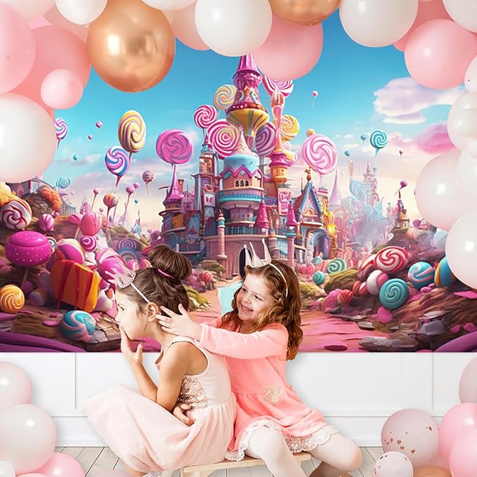 10x6.5ft Candyland Backdrop Fantasy Pink Castle Sweet Candy Photography Background Girls Birthday Candyland Theme Party Decorations Banner Photo Studio Props