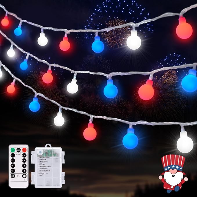 JMEXSUSS Red White and Blue Lights Battery Operated, 33ft 4th of July Lights Outdoor Waterproof, 100 LED String Light for Independence Day Memorial Patriotic Day Decor