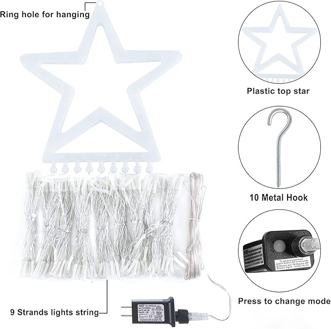 Christmas Decorations Star String Lights, 320 LEDs Outdoor Waterfall Tree Lights with 13" Topper Star, Plug in Waterproof Hanging Fairy Lights for Xmas New Year Holiday Party Yard Decor