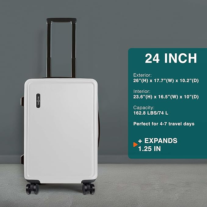 TRAVELARIM Luggage Sets 3 Piece, 20 Inch Carry on Luggage and 24 Inch Suitcases with Wheels Spinner, Durable Hard Shell Suitcase Set, Expandable Travel Suitcase, White