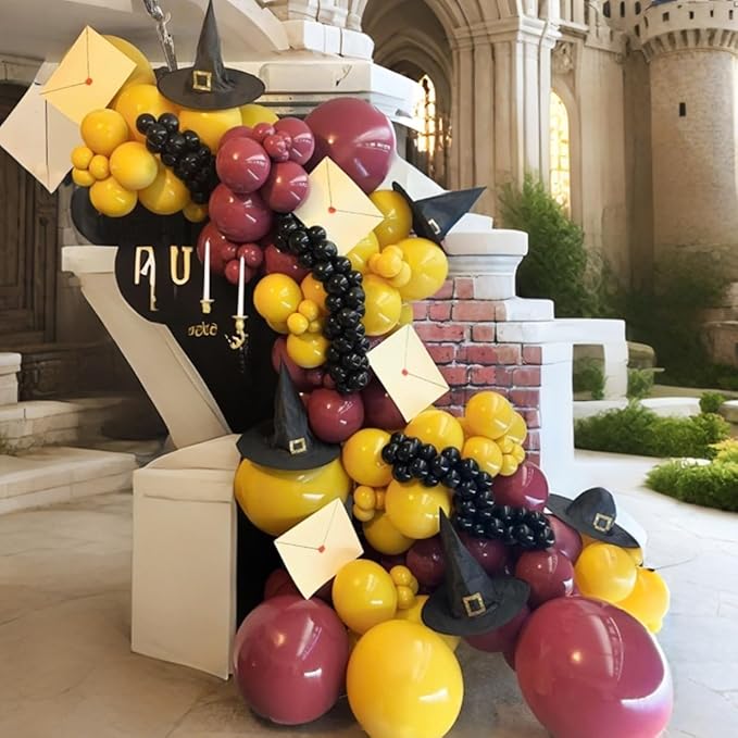 144PC Magic Balloons Arch Kit, Burgundy Black Gold Balloon Garland with DIY Broom Golden Sphere Foil Balloons, Maroon Mustard Yellow Confetti Balloon for School Birthday Decorations Party