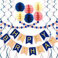 Navy Rose Gold Birthday Decorations with Happy Birthday Banner, Paper Honeycomb Balls, Circle Garland and Hanging Swirl Decorations