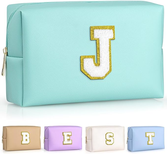 TOPEAST Birthday Gifts for Girls, Travel Makeup Bag Chenille Letter Pouch Cosmetic Bag, Makeup Travel Organizer, Monogrammed Bridesmaid Gifts for Women, Cute Stuff for Girls (Blue J)