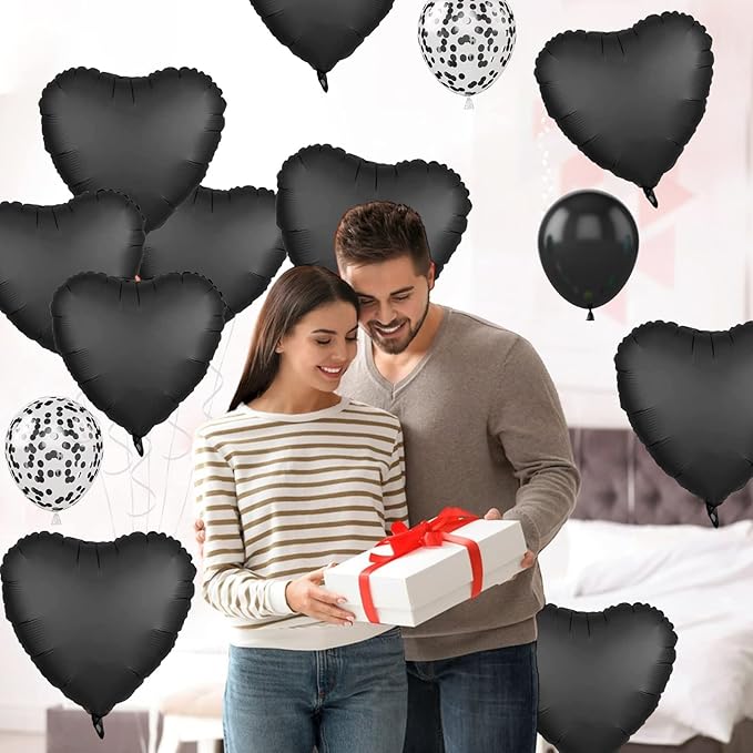 Foil Heart Balloons - 10 Black Heart Shaped Balloons, 18inch Metallic Foil for Valentines Day, Wedding, Birthday, Halloween Party