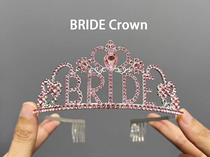 JETKONG 3 Pcs Bachelorette Party Decorations BRIDE Crown, Bride to Be Sash&Veil for Women Bachelorette Party Gifts, Bridal Shower Supplies, Gifts, Favors (Pink)