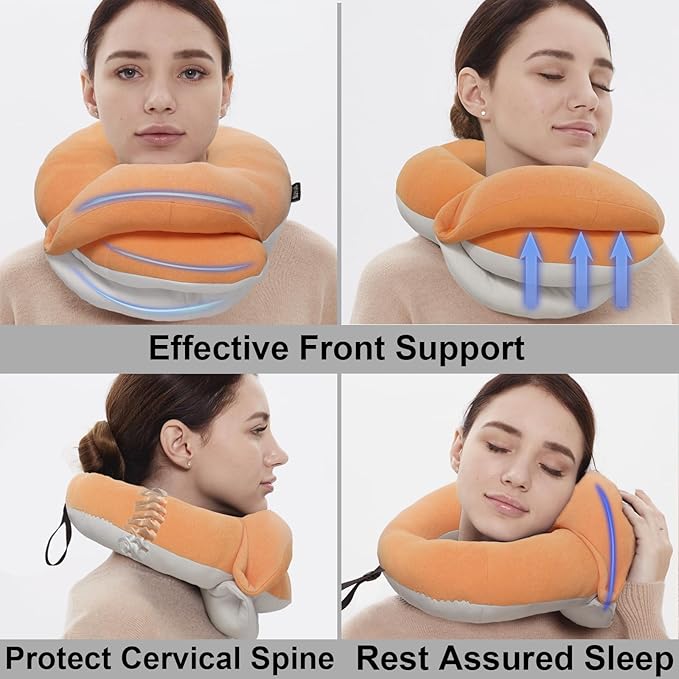 BUYUE Travel Neck Pillows for Airplanes, 360° Head Support Sleep for Long Flight, Skin-Friendly & Breathable, Kit with 3D Contoured Eye Mask, Earplugs and Storage Bag (Adult, Orange, 90+ lbs)