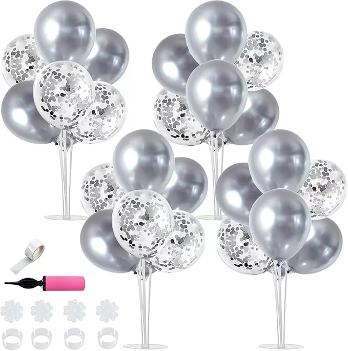 TONIFUL 4 Silver Balloon Stand Centerpiece Table Decorations for 25th Wedding Anniversary Bridal Shower 2026 Graduation Party Decoration, New Year 2026 Christmas Birthday Decorations