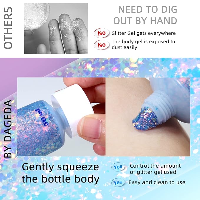DAGEDA Body Glitter Gel, Face Glitters Body Gel Sequins Shimmer Liquid Eyeshadow, Chunky Glitter for Face Hair Nails, Holographic Cosmetic Laser Powder Festival Glitter Makeup 1.7oz (Mermaid)