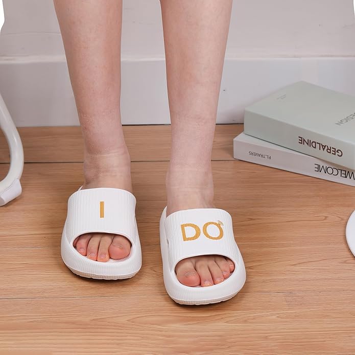 Women's Bride Slippers - White I DO Bride Slide Sandals for Bachelorette Party & Bridal Shower